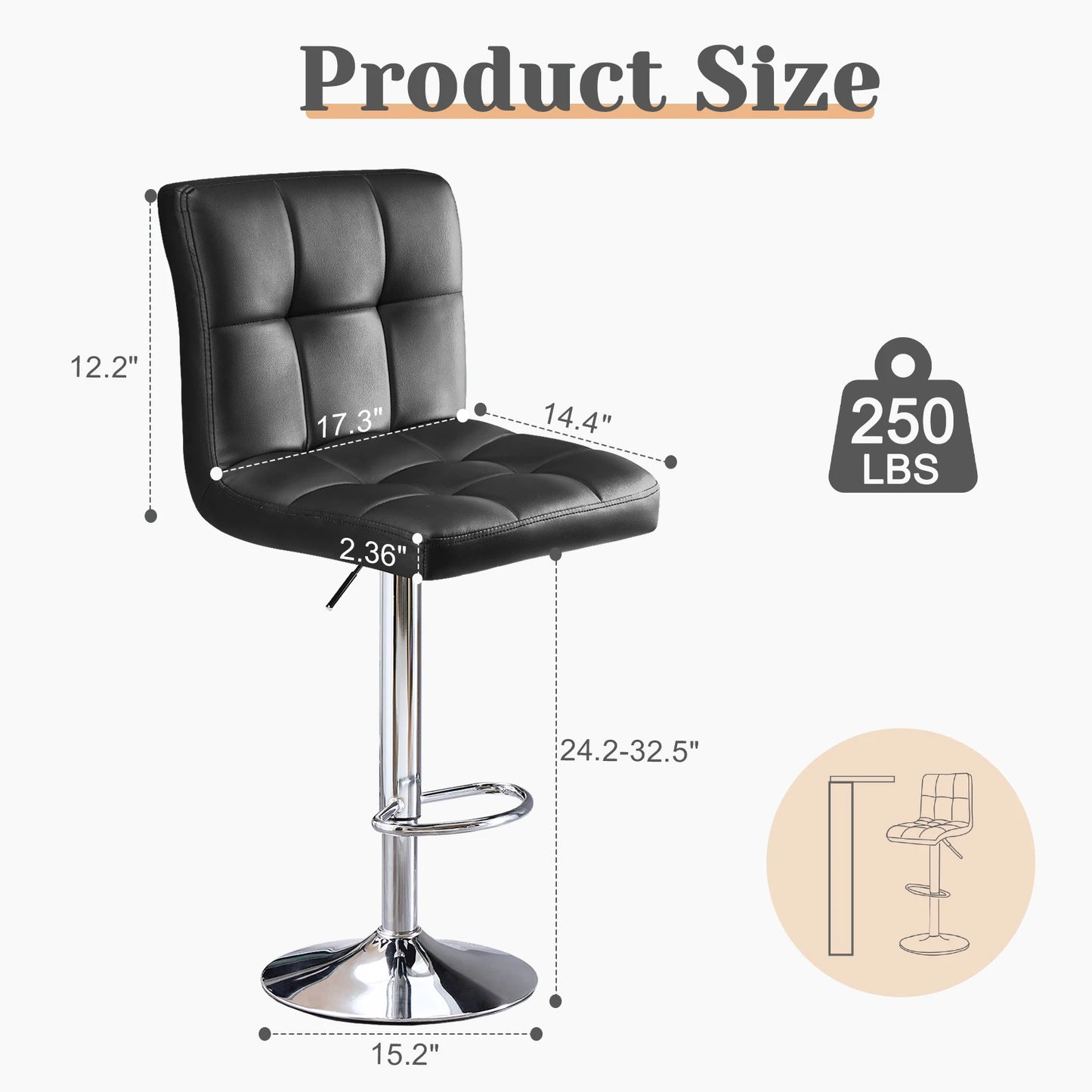JHK PU Leather Bar Stools Set of 2 Upholstered Comfort