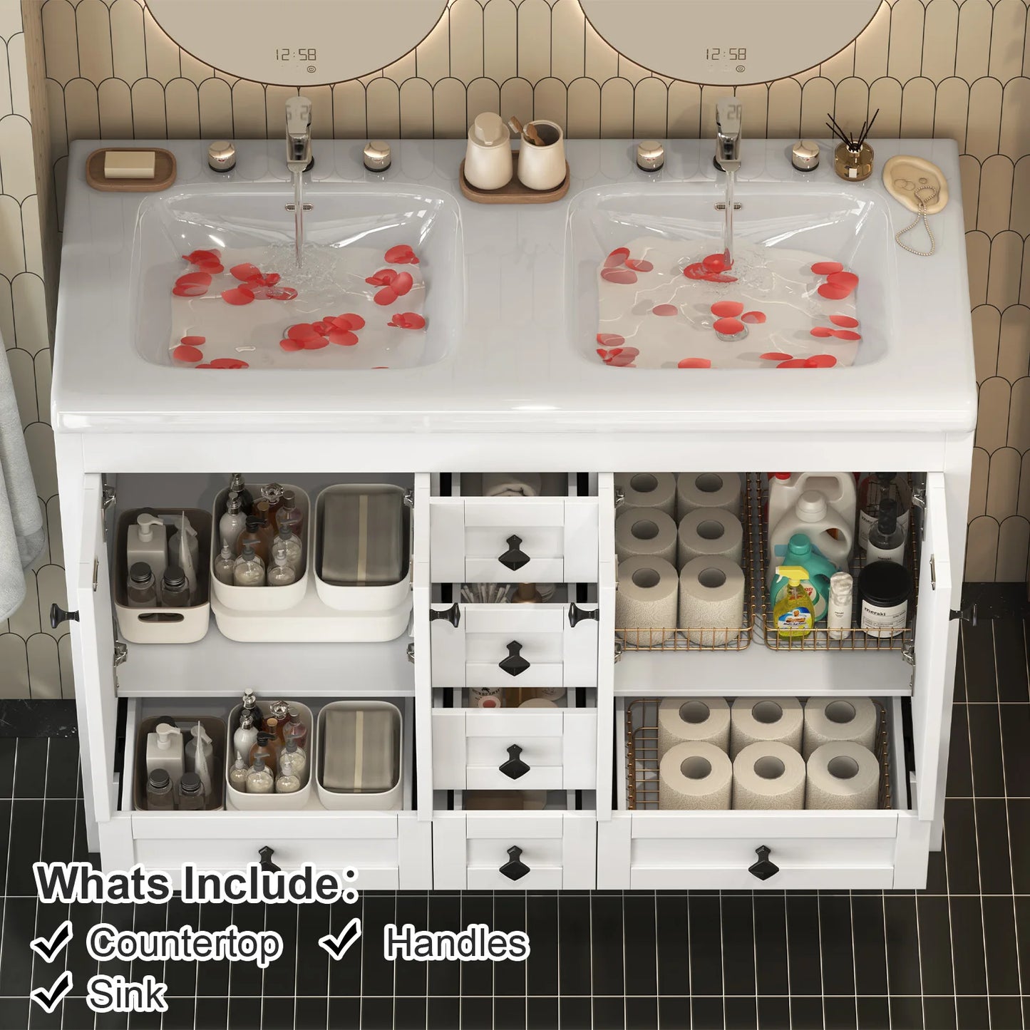 Teousev Double-Sink Freestanding Vanity With Drawers Cabinet Modern Bathroom