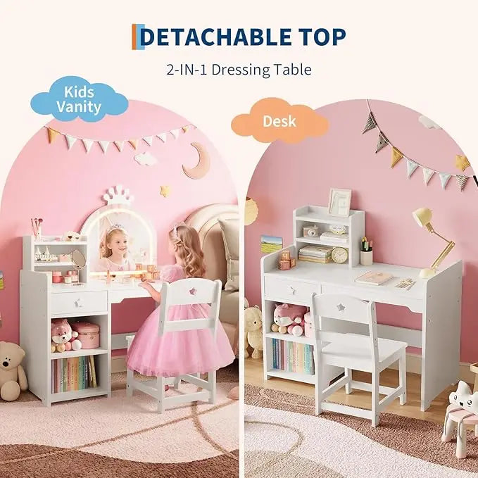 HiMISS Kids Vanity With Lights 2 In 1 Princess Makeup Desk Chair Open Bookshelf