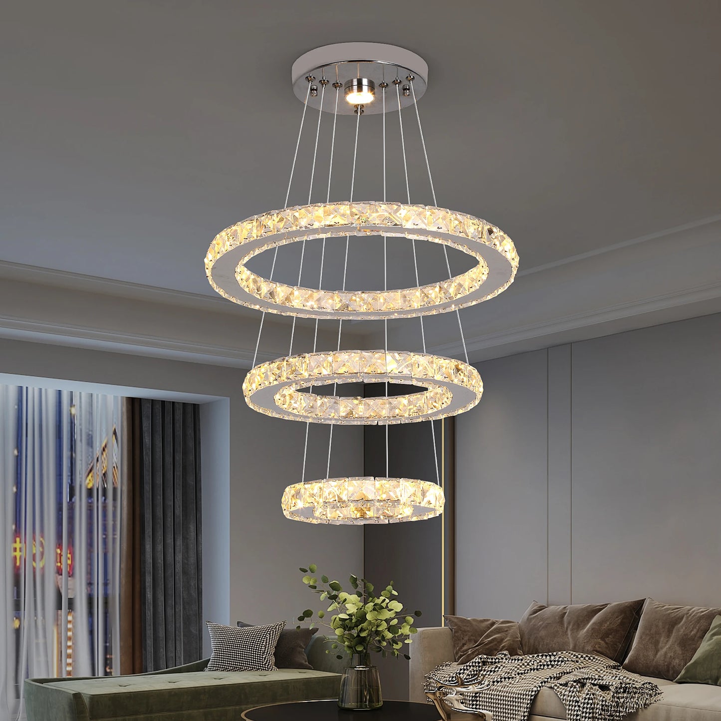 GreeLustr Modern LED Crystal Ring Pendant Chandelier For Living Room