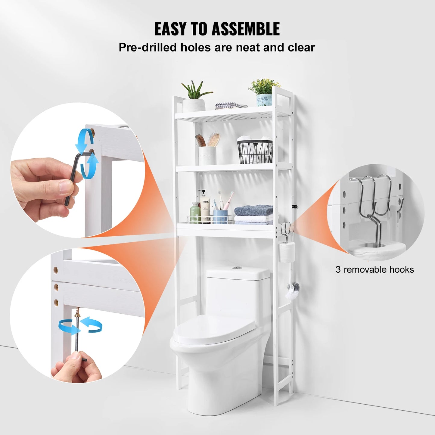 SucceBuy Over The Toilet Organizer Bamboo Shelf With 3 Hooks