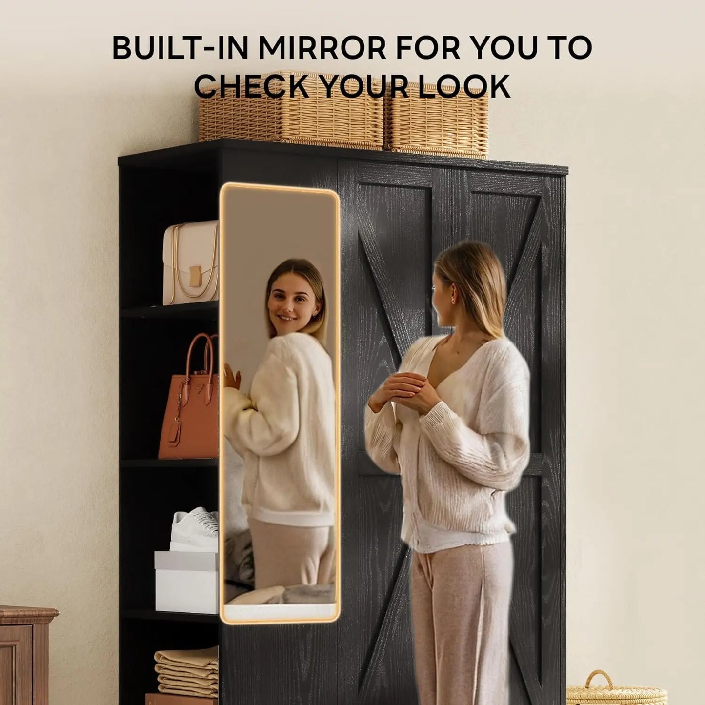 Modern Freestanding Wooden Armoire Wardrobe With Mirror