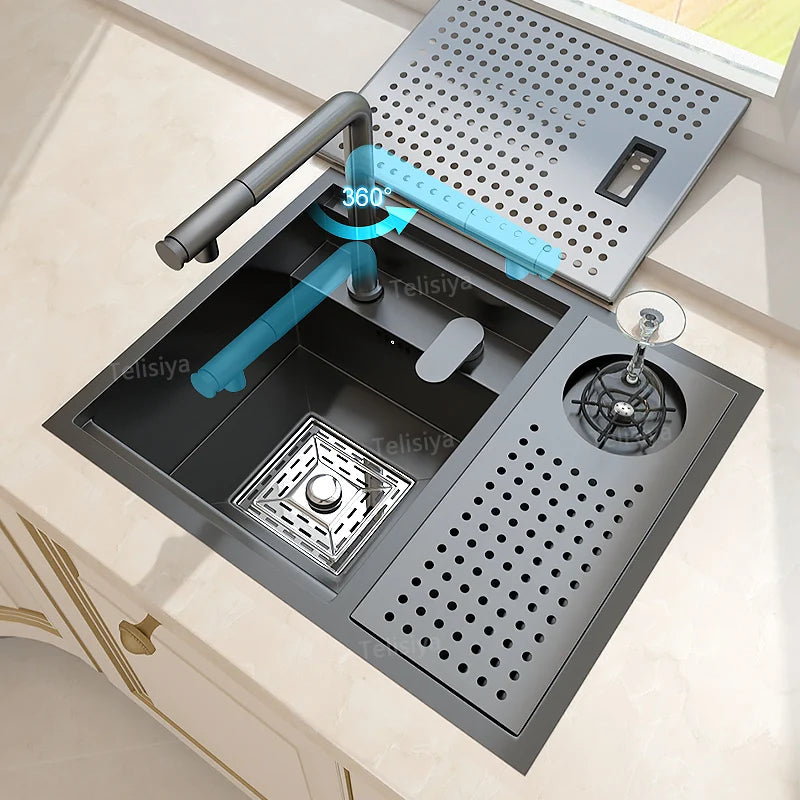 Telisiya Stainless Steel Hidden Kitchen Sink With Lid Space Saving
