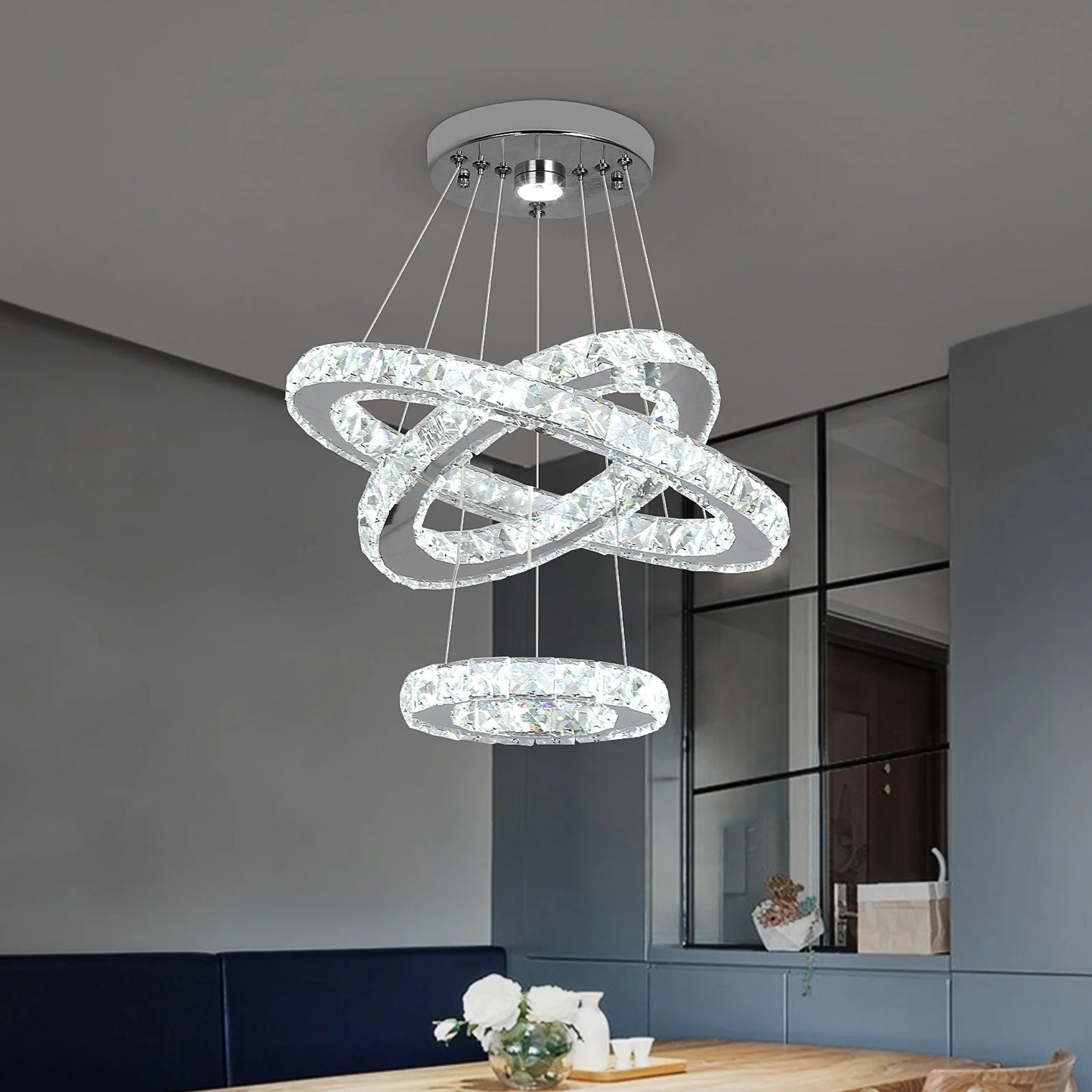 GreeLustr Modern LED Crystal Ring Pendant Chandelier For Living Room