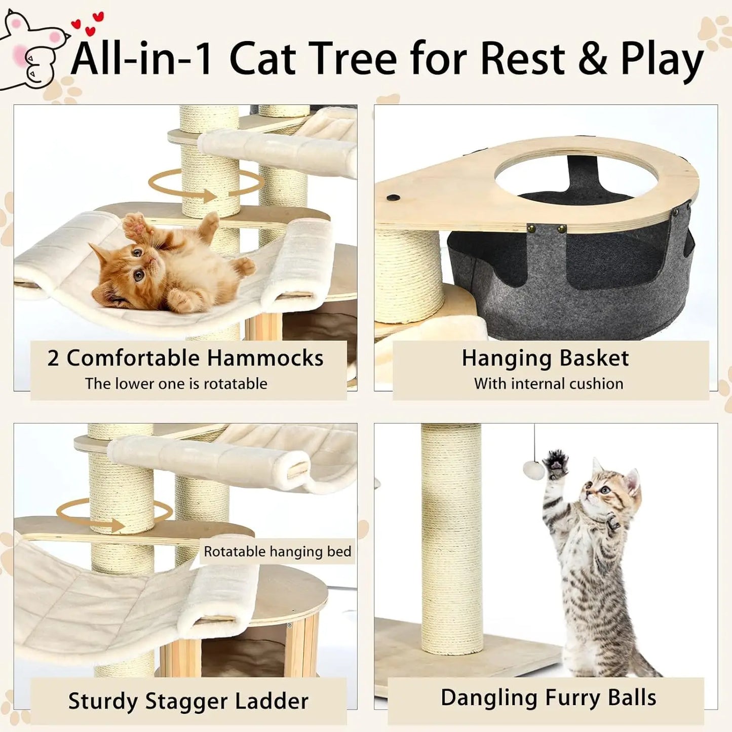 Cat Tree Multi-Level Tower With Sisal Scratching Posts Hammocks