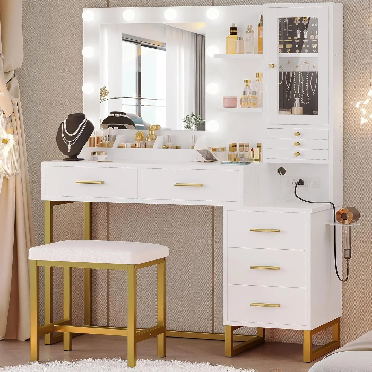 IRONCK Vanity Desk With Mirror and Lights and Shelves