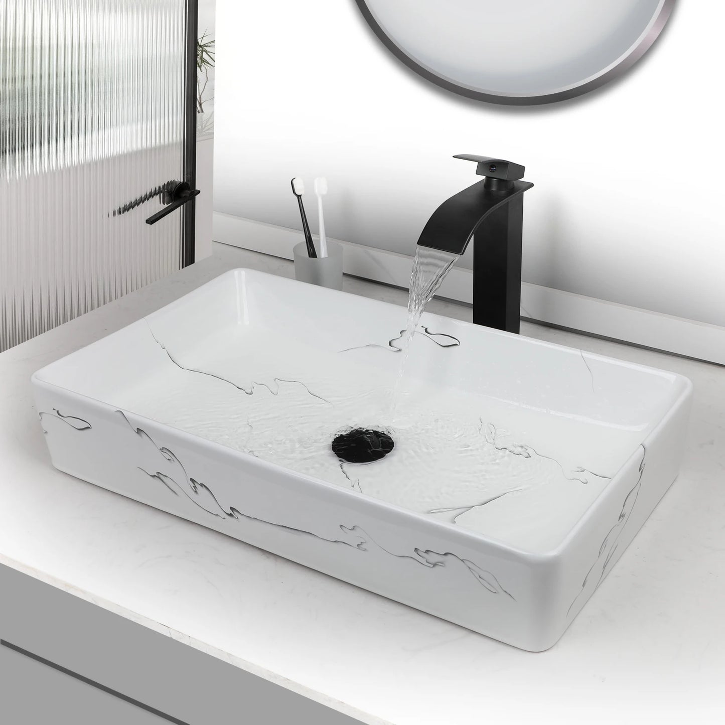 KEMAIDI Rectangular Marble Vanity Vessel Sink Above Counter Bathroom Faucet Set