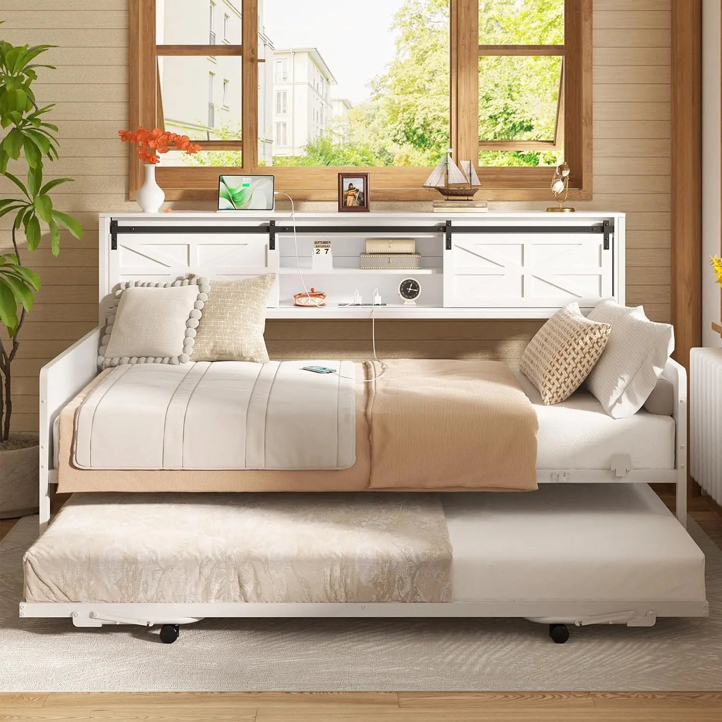 BIANXIANG Farmhouse Daybed With Pop Up Trundle And Bookcase Headboard