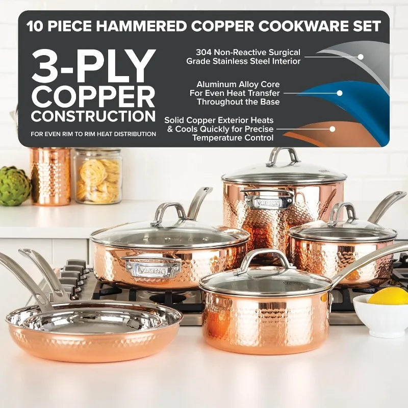 3-Ply Hammered Copper Cookware Set With Glass Lids