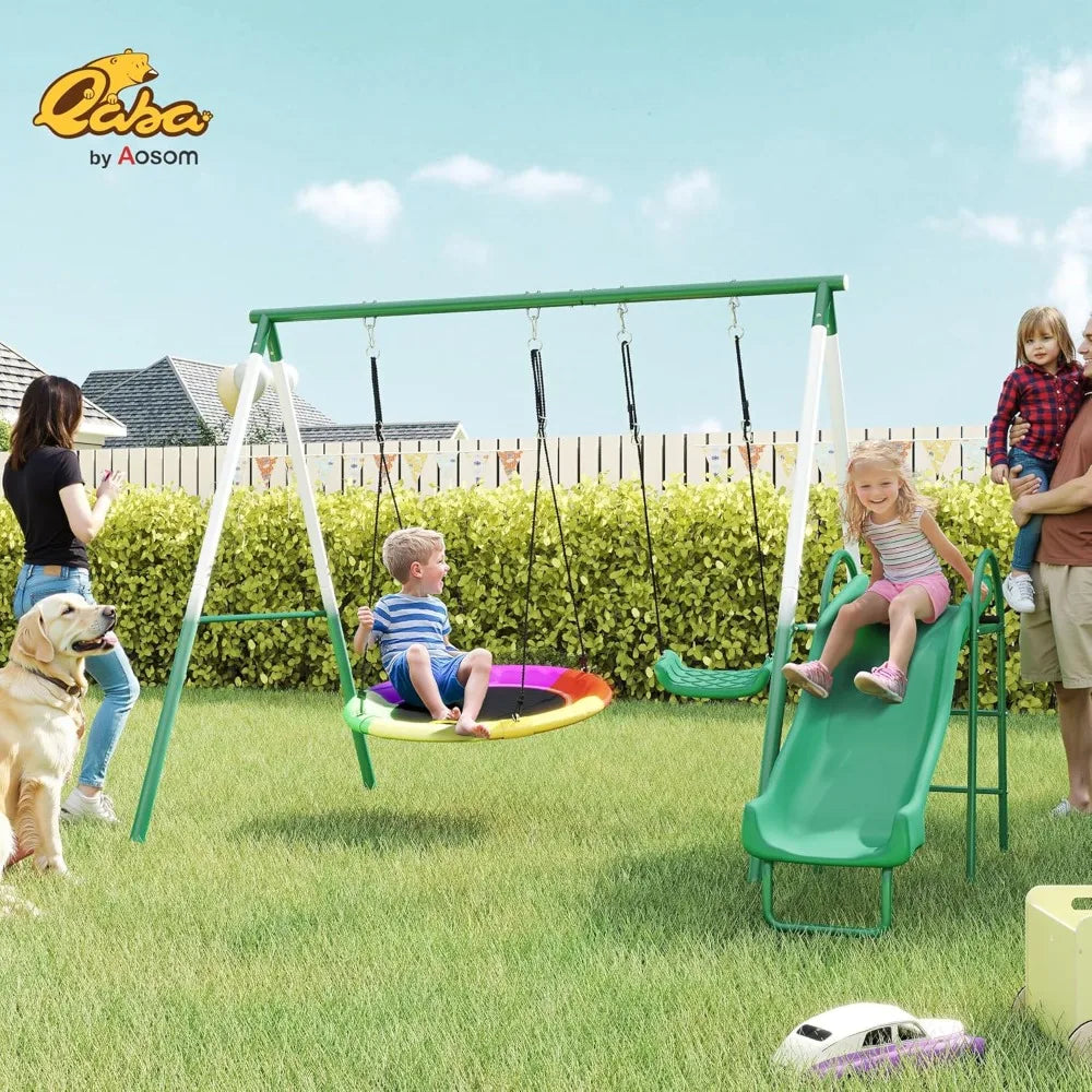 Backyard Swing Set With Saucer Swing And Sturdy Metal Frame