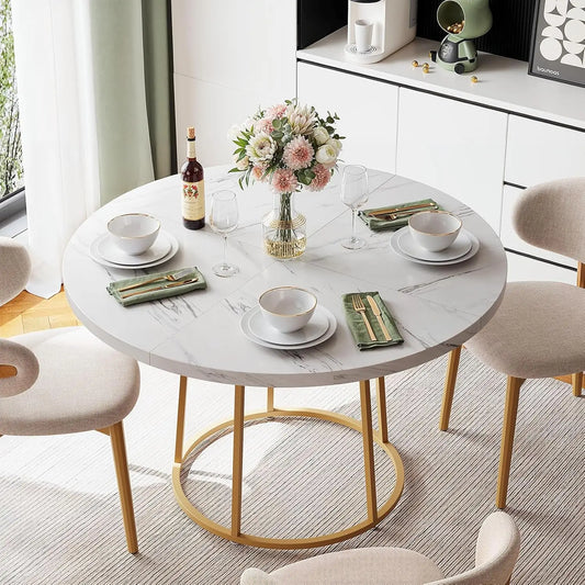 ONBRILL Round Dining Table for Four with Marble Pattern Base