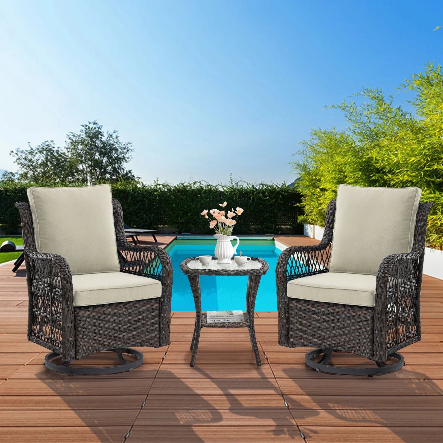 HiMISS 3-Piece Outdoor Bistro Set With Glass Top Side Table And Cushions