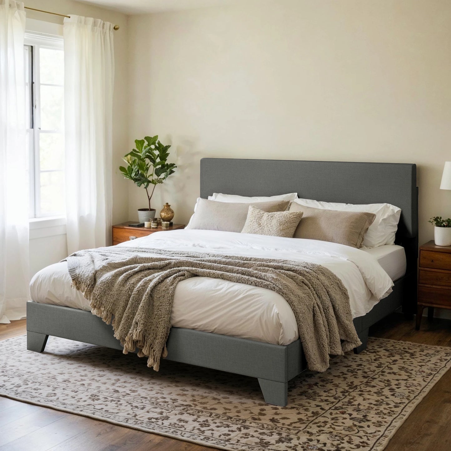 HOOMIC Upholstered Bed Frame With Adjustable Headboard Soft Linen