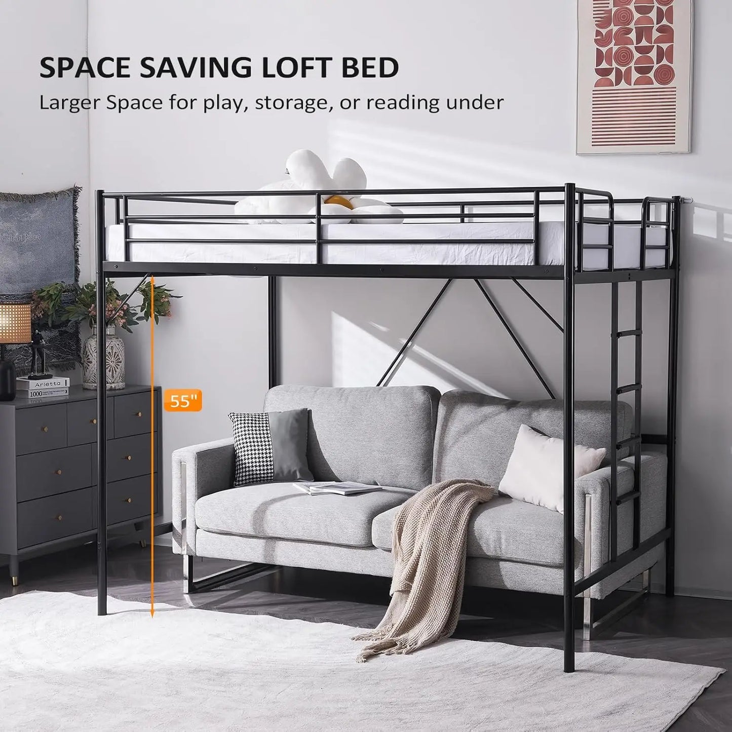 Loft Bed With Flat Rungs And Heavy Duty Metal Slats