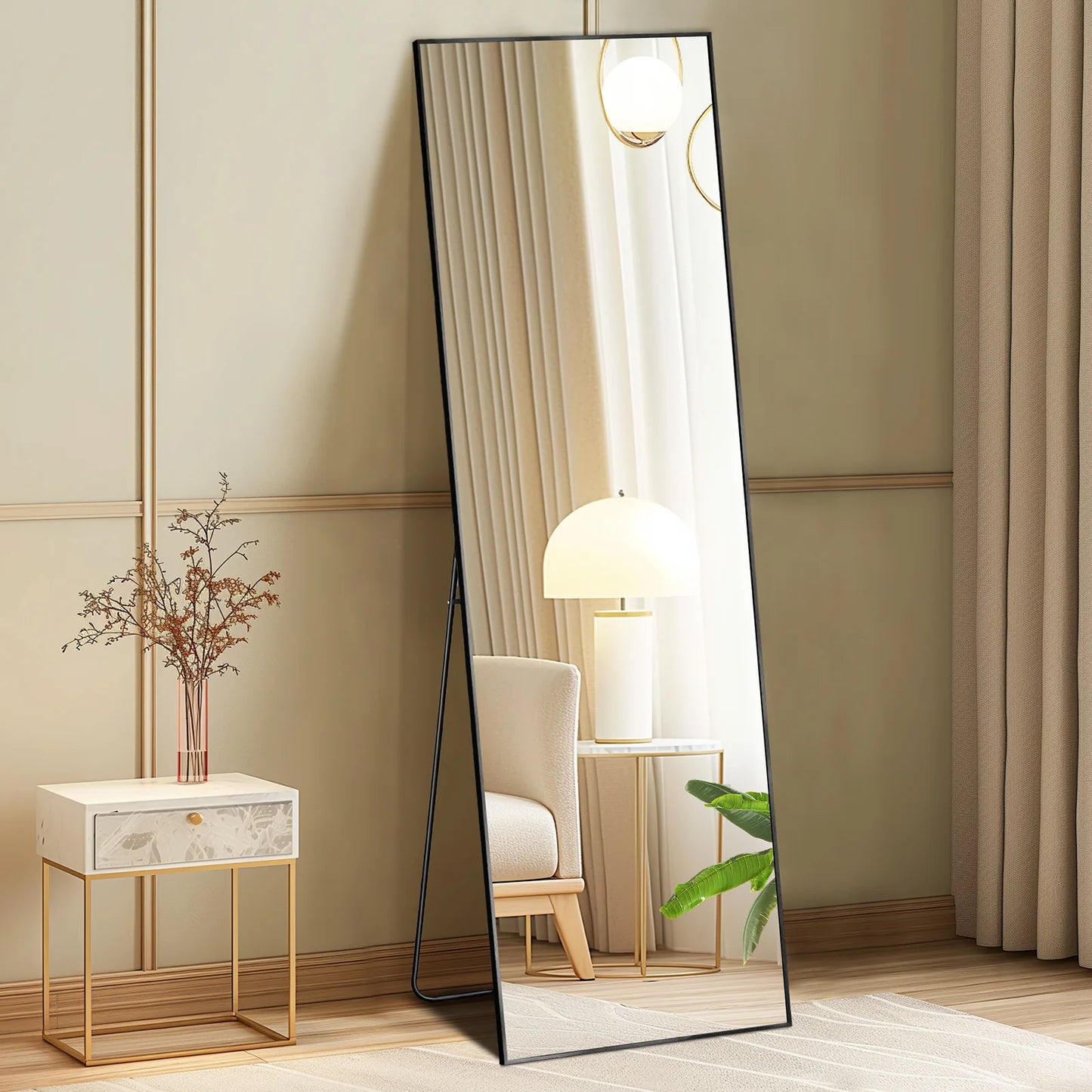 JHK Full Body Wall Mirror With Stand And Aluminum Frame Living Room