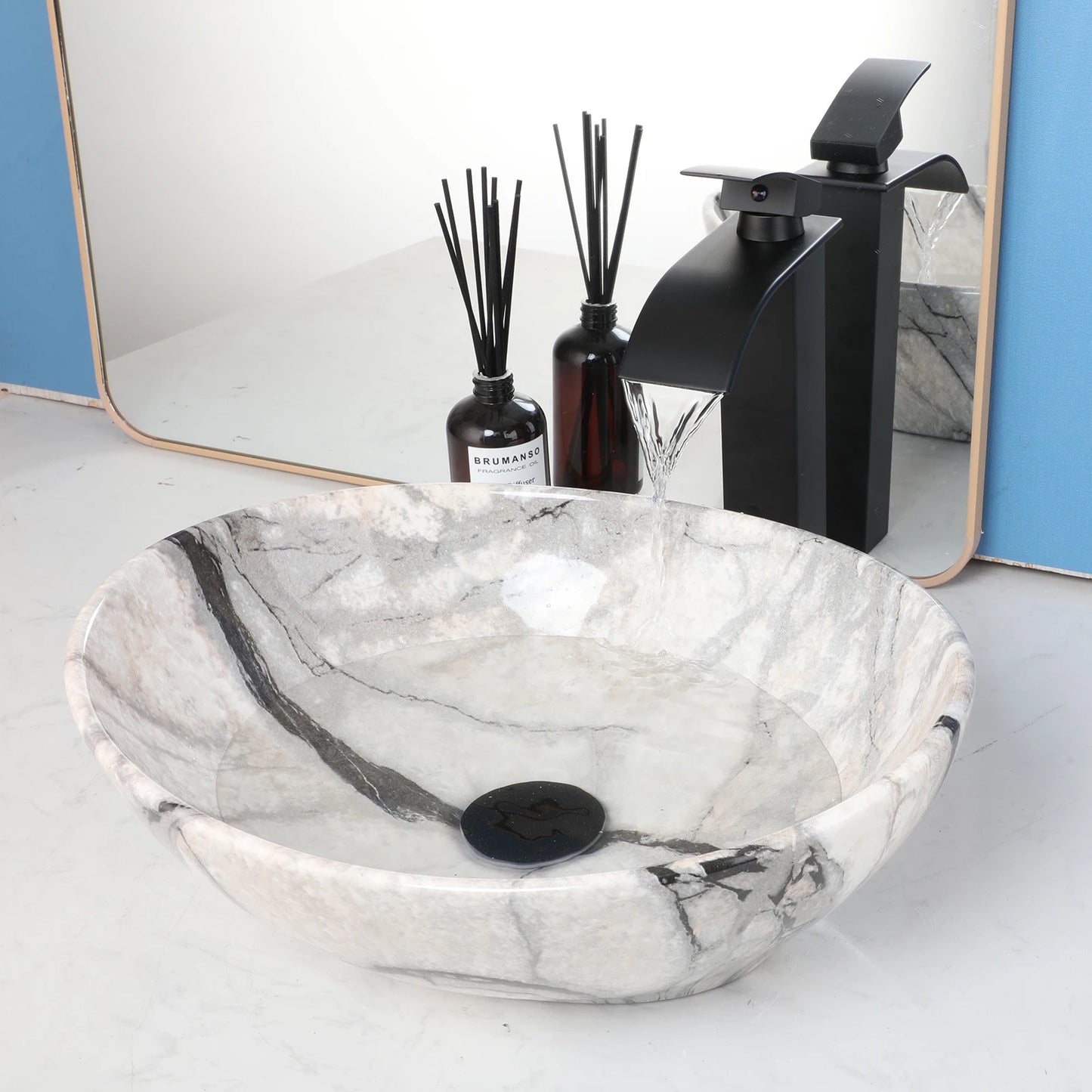 KEMAIDI Oval Vessel Sink With Faucet Marble Finish