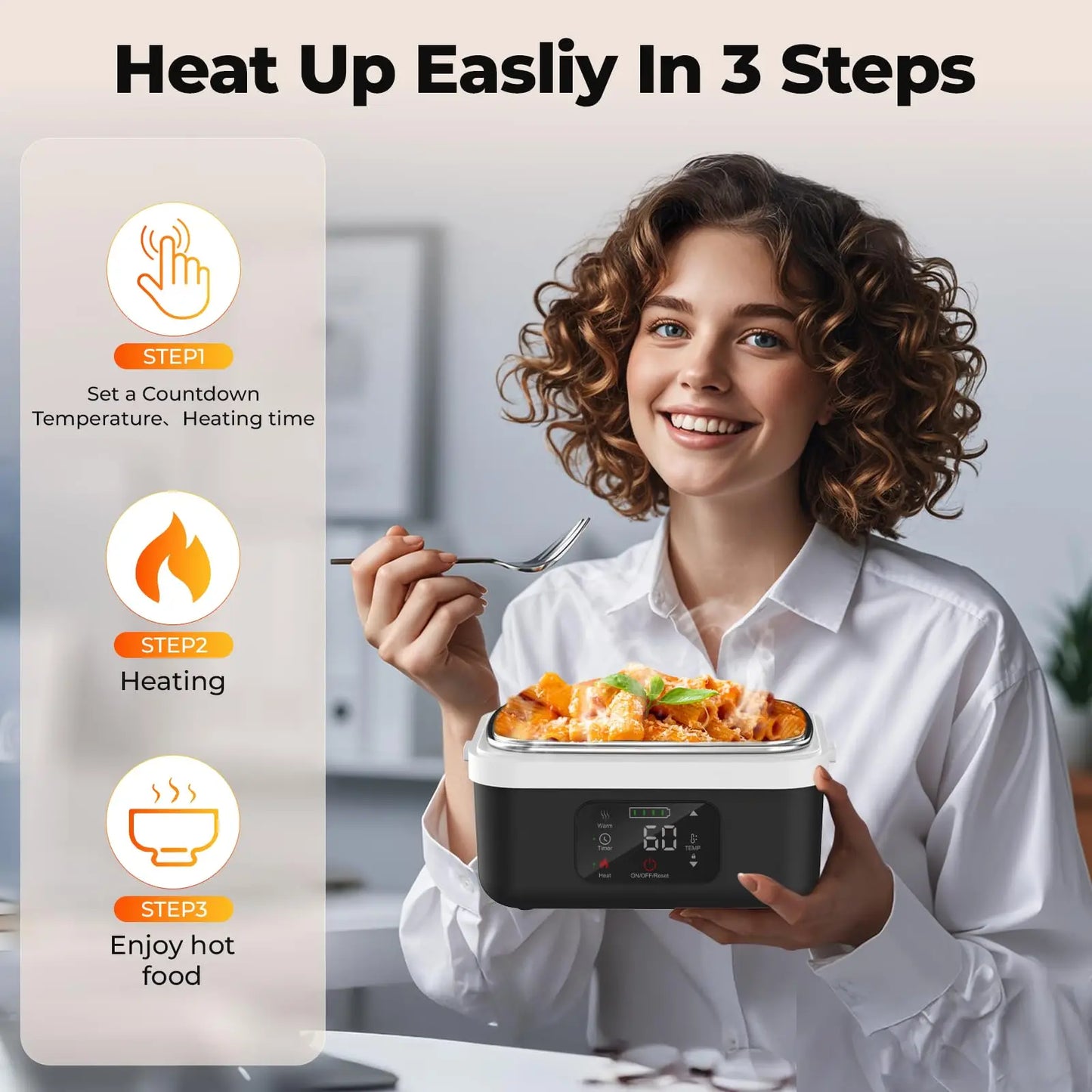 Wireless Heated Lunch Box With 8000mAh Battery And 60W