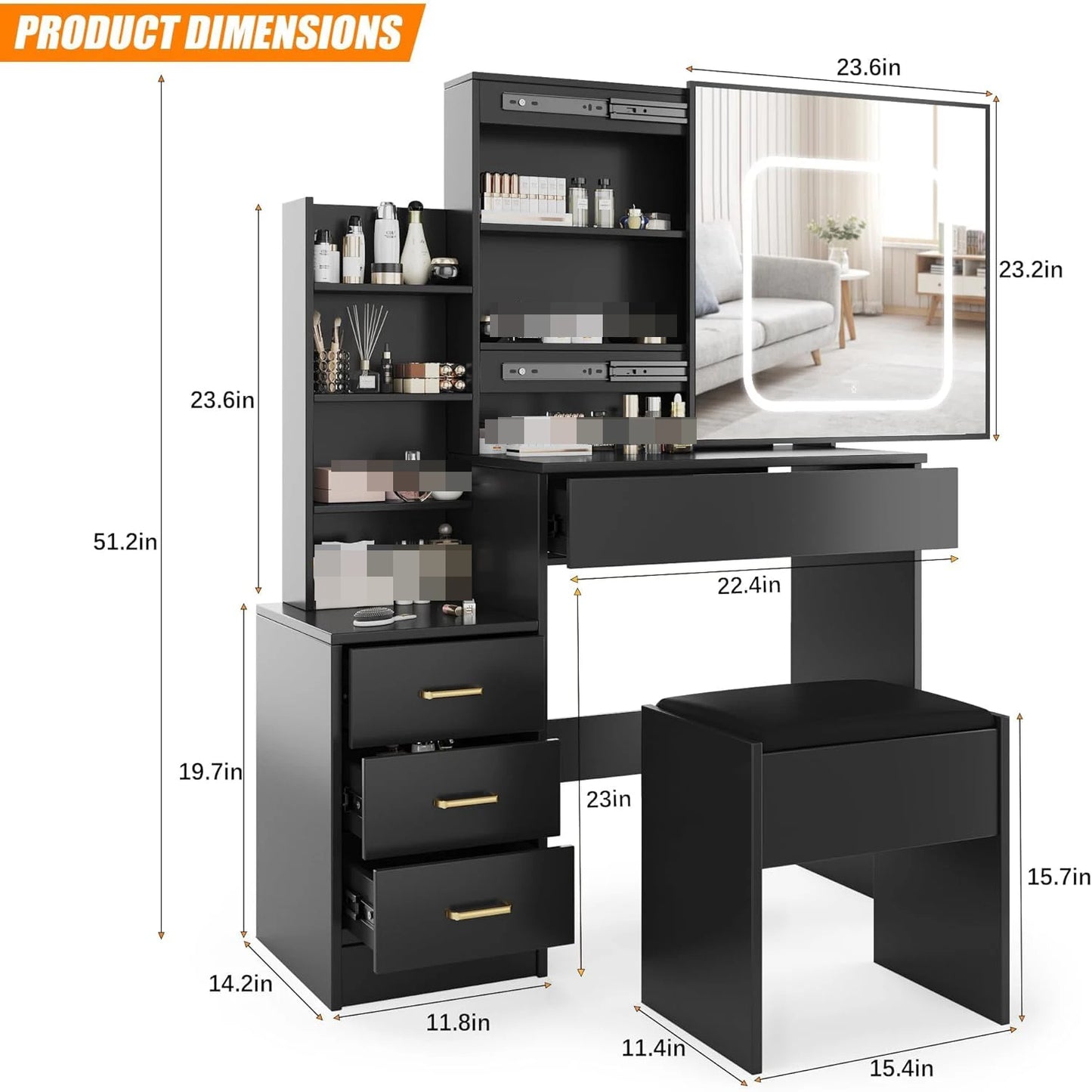 HiMISS Vanity Desk With Mirror And LED Lights Dressing Table