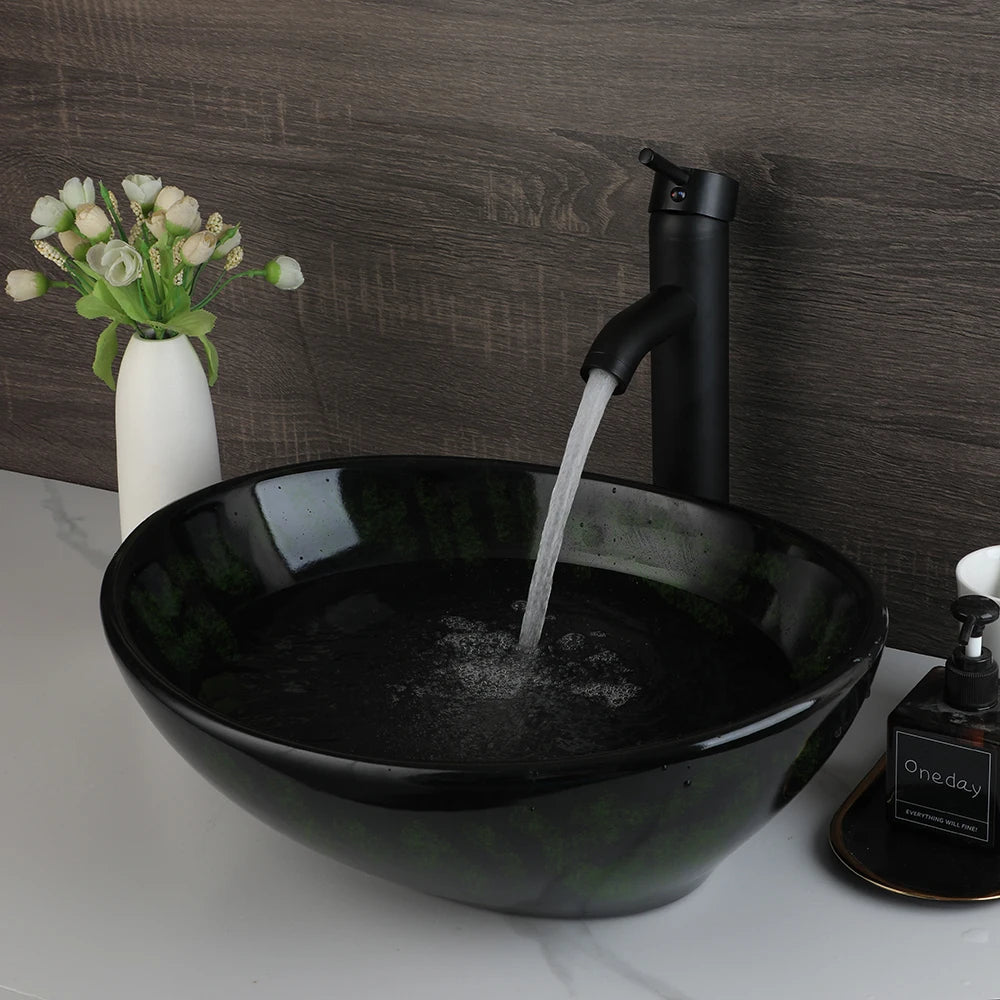 KEMAIDI Oval Vessel Sink With Faucet Marble Finish