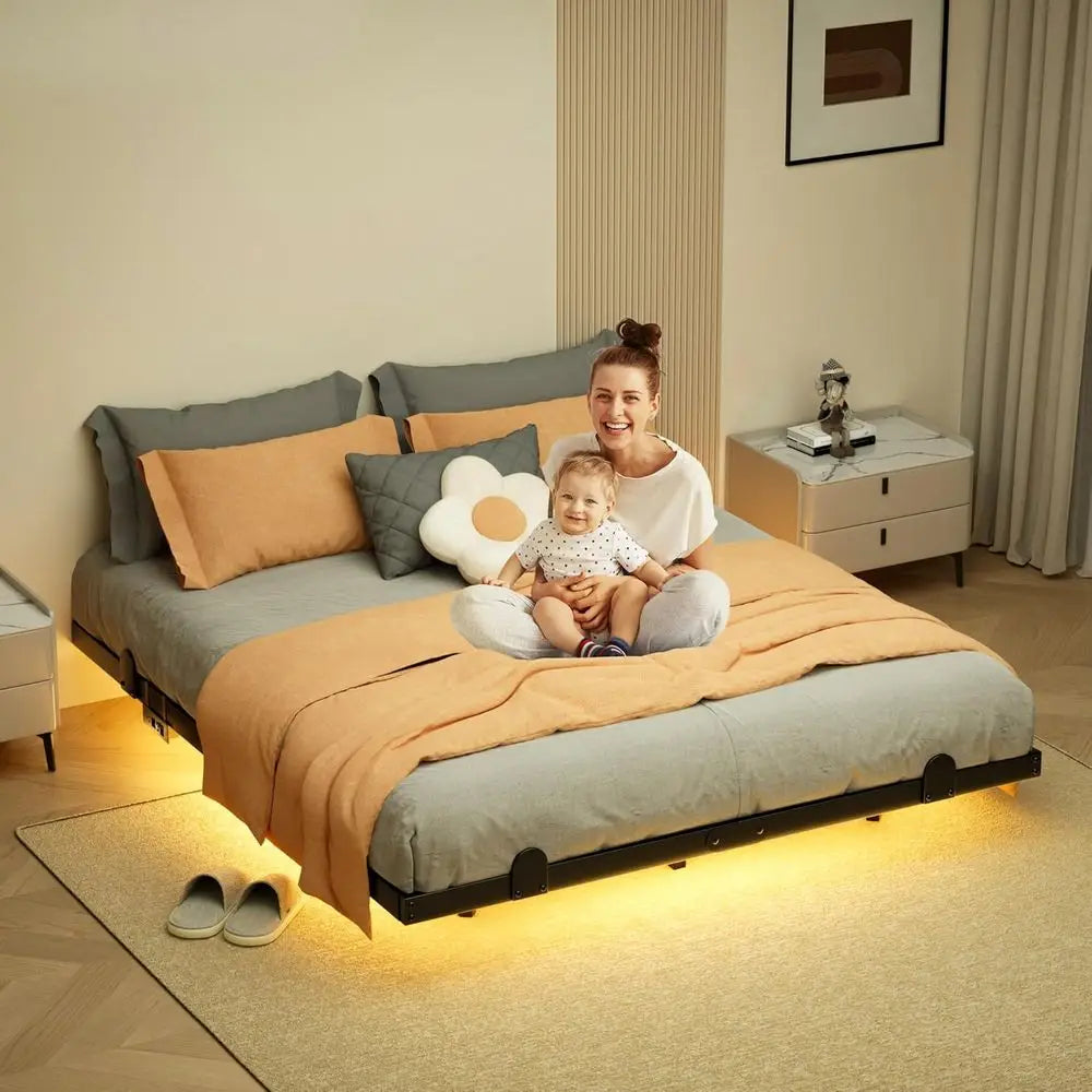 Modern LED Bed Frame With Floating Design And Charging Station