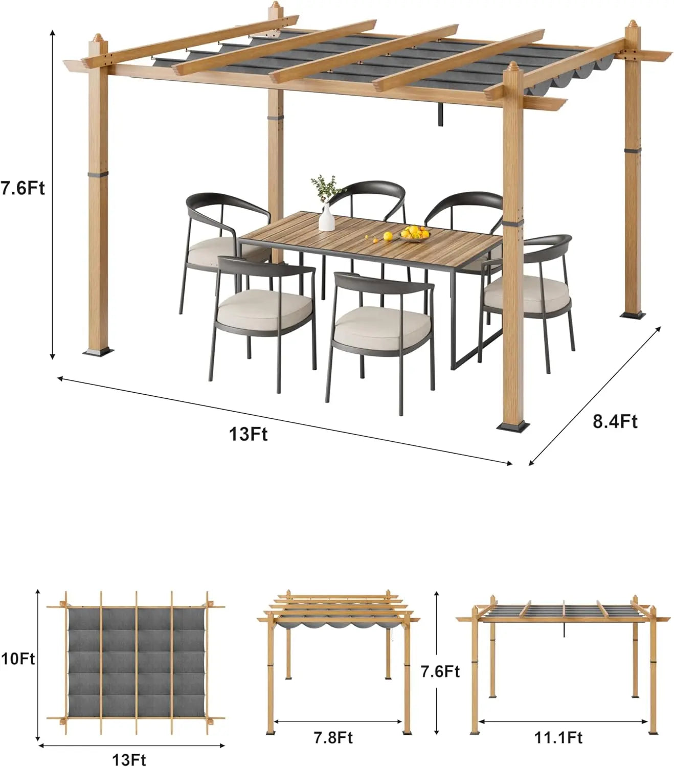 HiMISS Outdoor Pergola With Retractable Canopy And Faux Wood