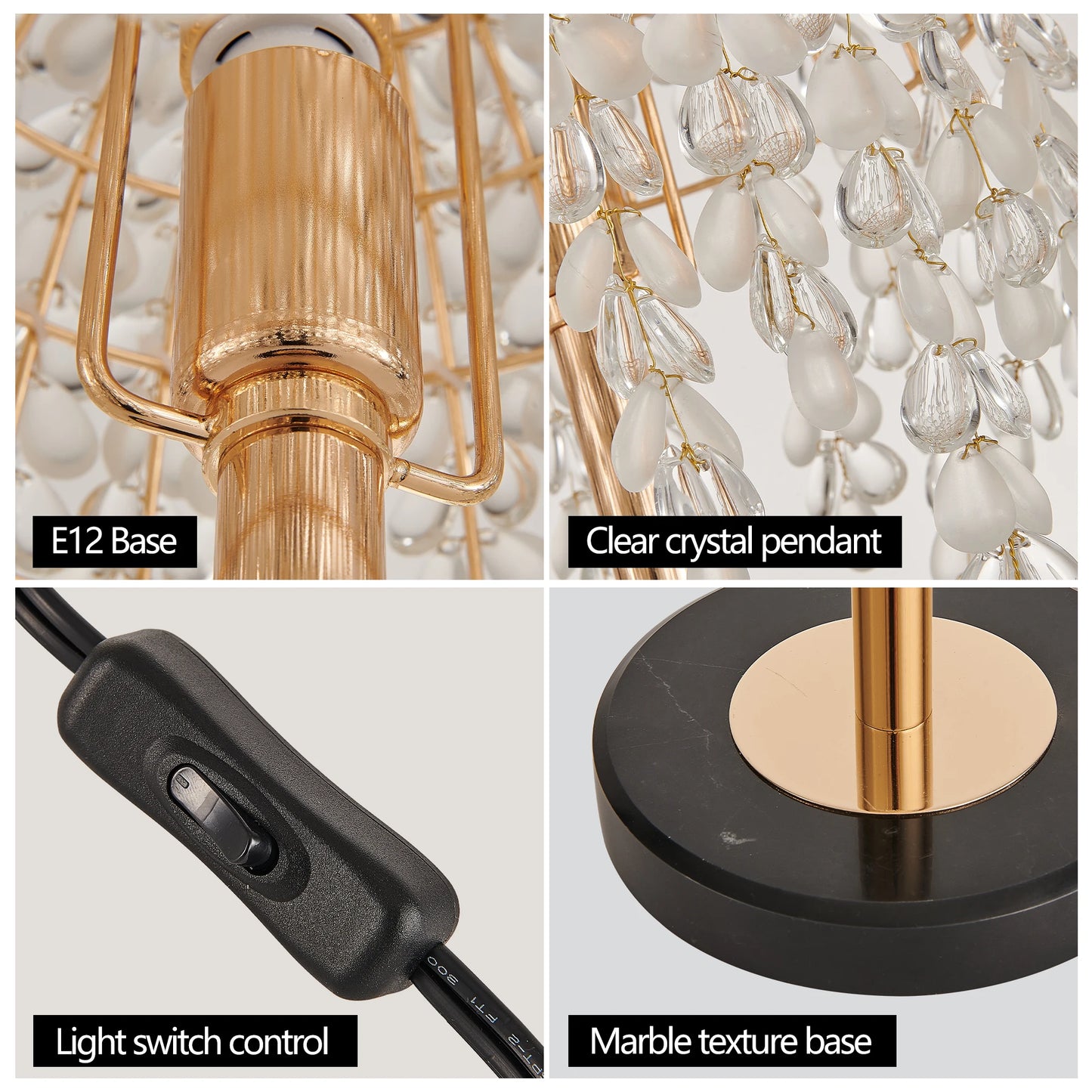 Elegant Crystal Table Lamp With Bead String Shades Marble Base