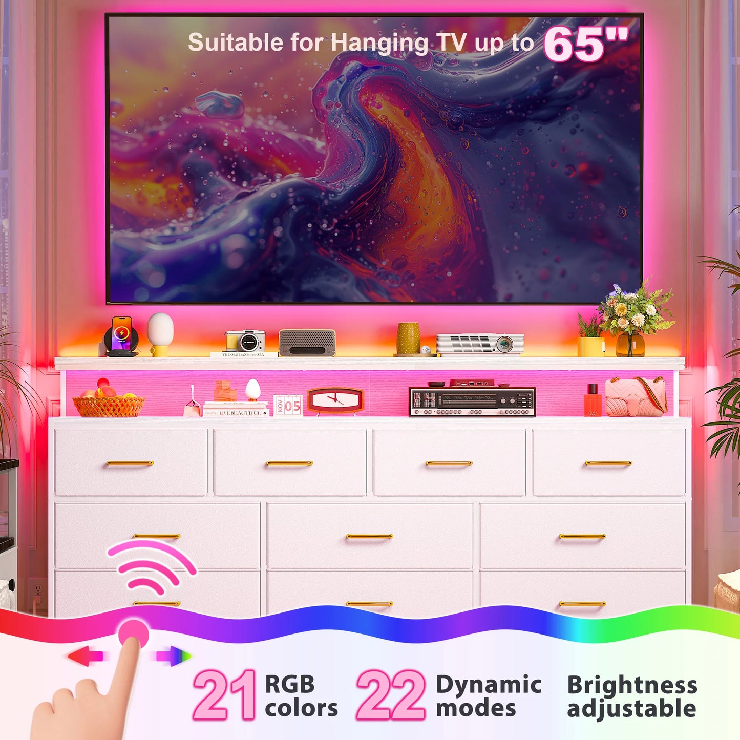 Smart Dresser With LED Lights, Power Outlets, Metal Frame, Fabric-Drawers