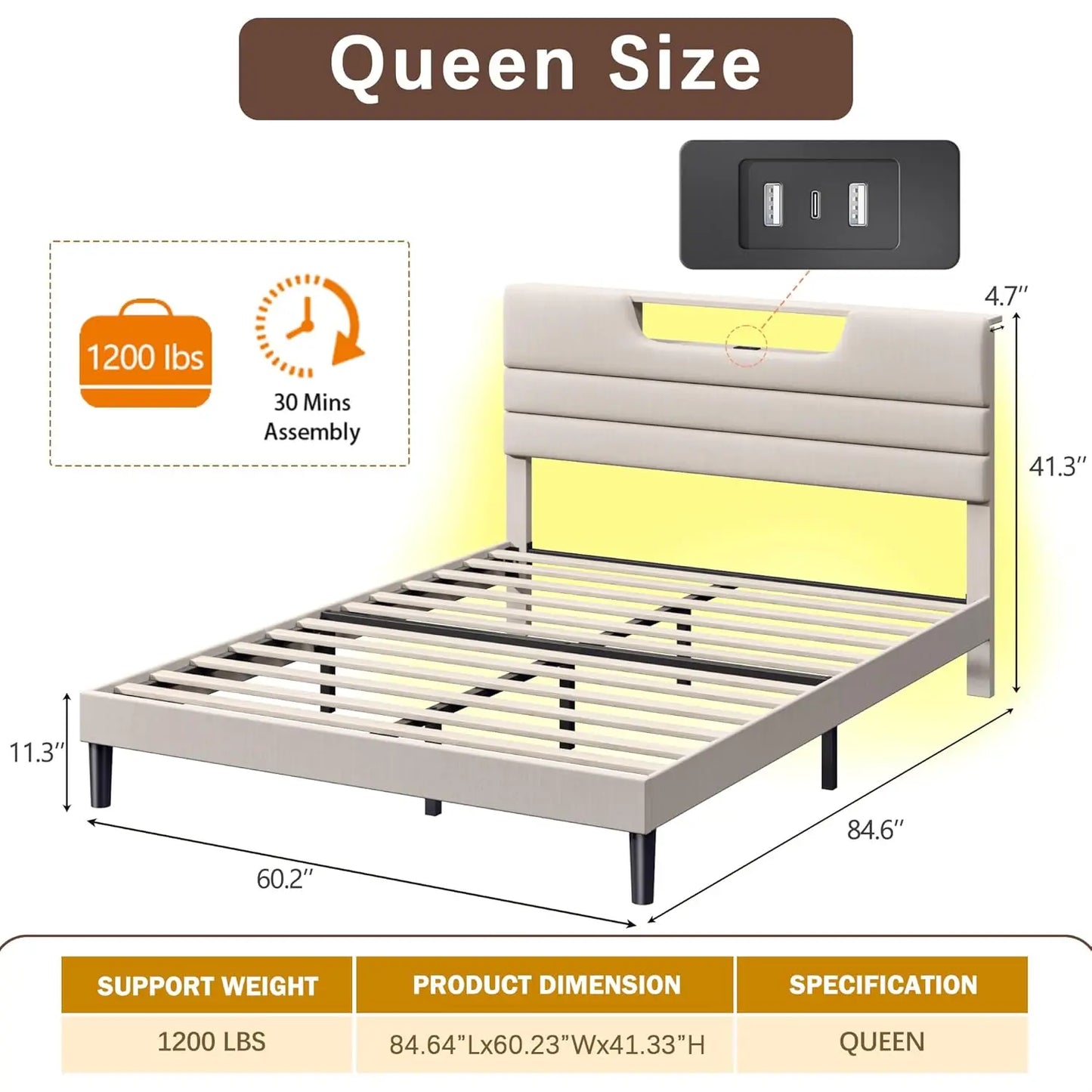 Modern Upholstered Platform Bed With Headboard Charging Station And LED