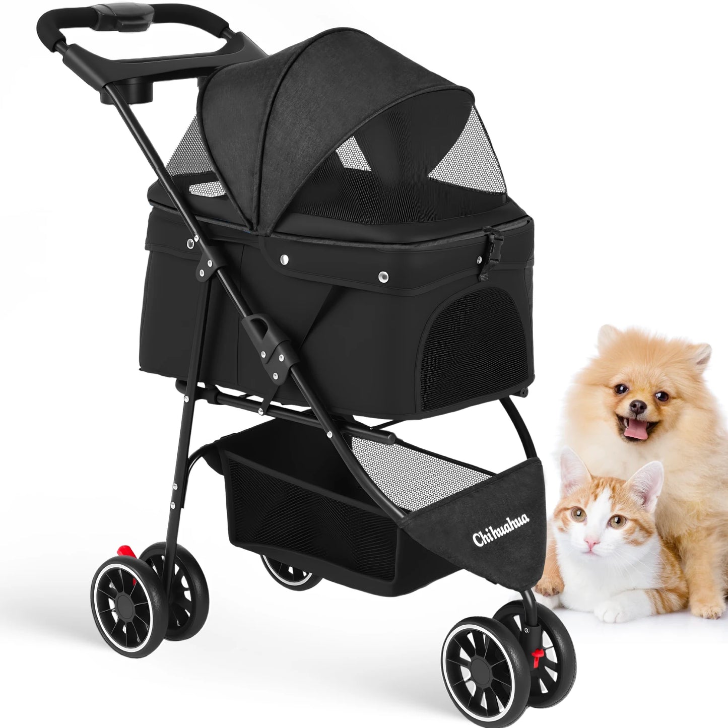 Chihuahua Pet Stroller 3 Wheel Foldable Carrier With Mesh Canopy