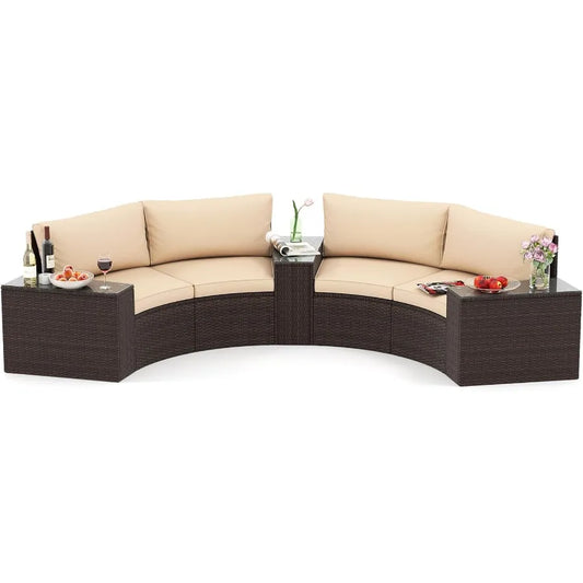 Outdoor 5 Piece PE Rattan Half Moon Curved Sectional Set With Glass Top Tables