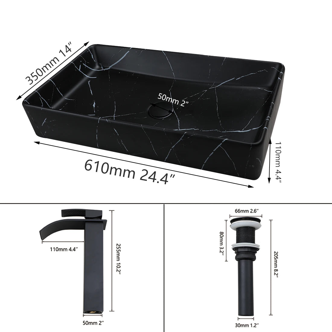 KEMAIDI Rectangular Marble Vanity Vessel Sink Above Counter Bathroom Faucet Set