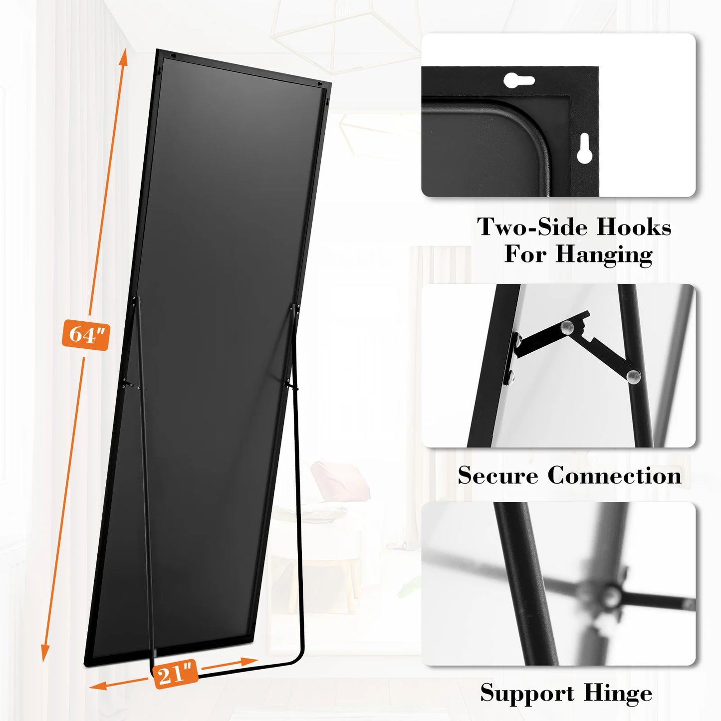 JHK Full Body Wall Mirror With Stand And Aluminum Frame Living Room