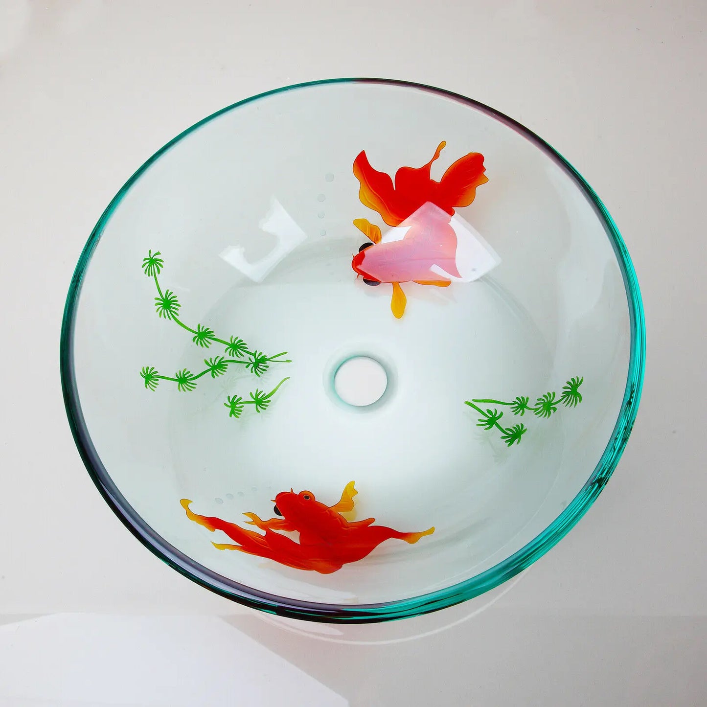 MEKKHALA Goldfish Pattern Tempered Glass Bathroom Basin Sink and Faucet