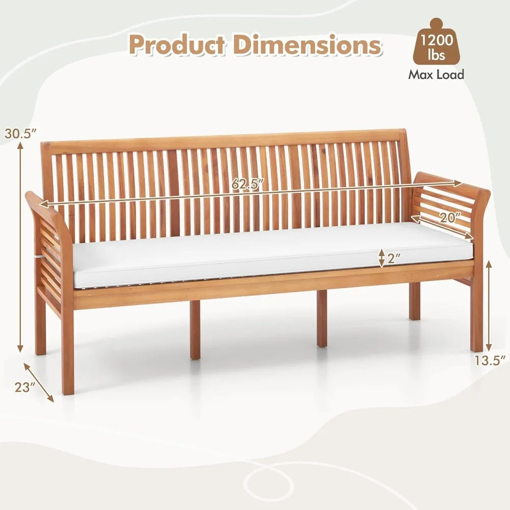 Acacia Wood Patio Bench 3 Seat With Cushion