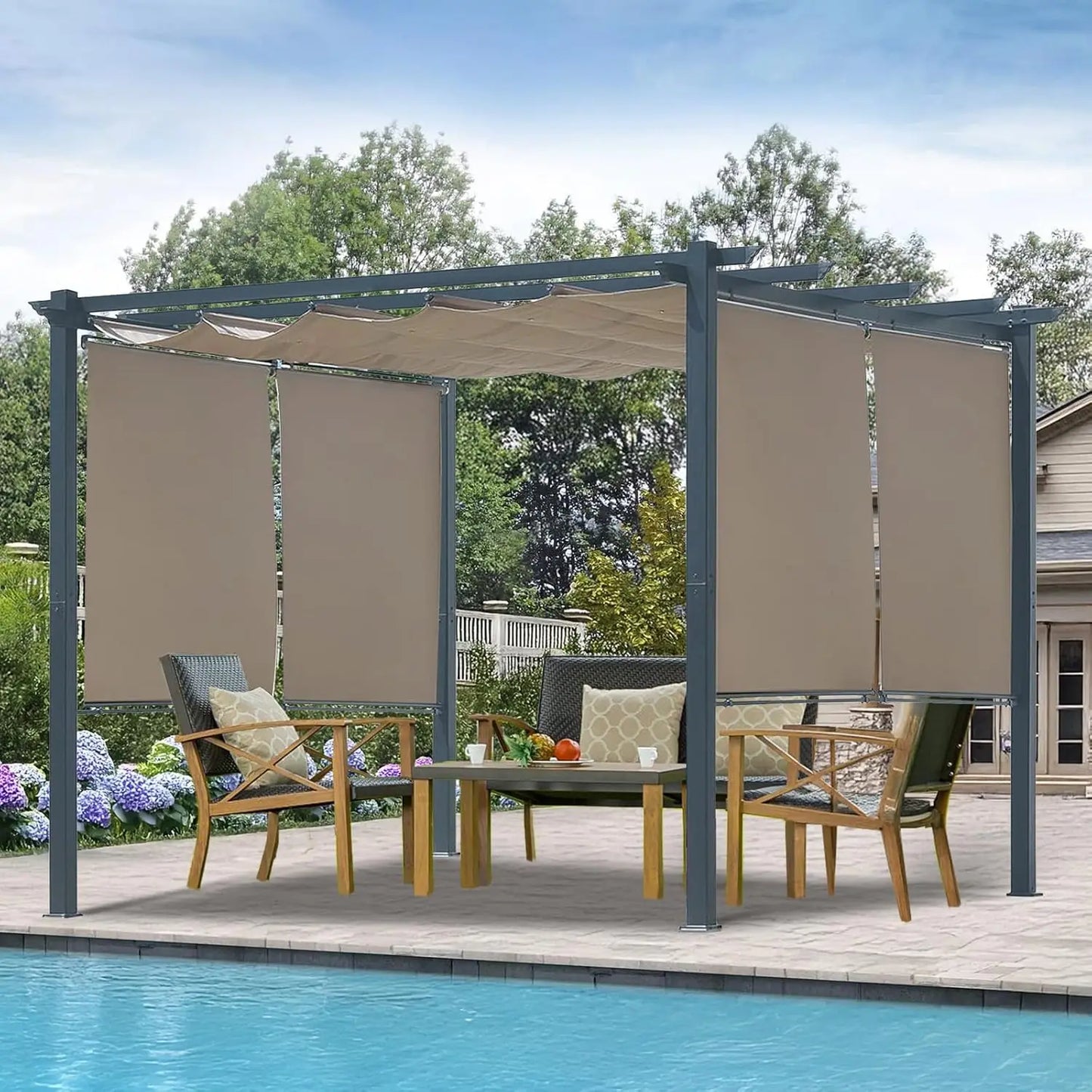 Aluminum Outdoor Pergola With Retractable Canopy And Side Shades