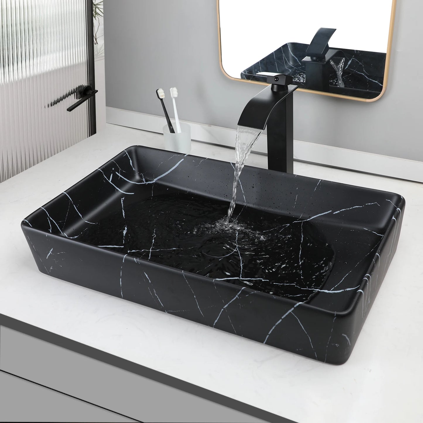 KEMAIDI Rectangular Marble Vanity Vessel Sink Above Counter Bathroom Faucet Set