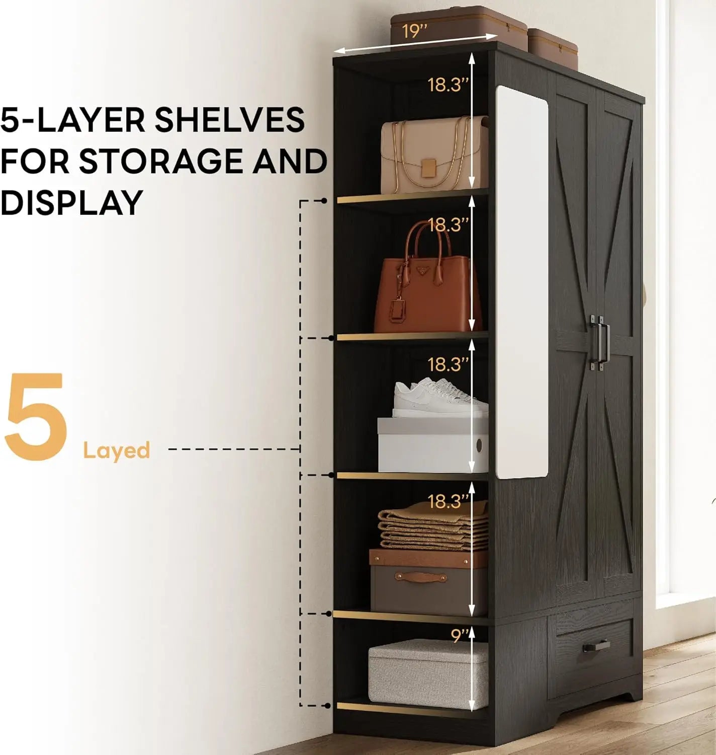 Modern Freestanding Wooden Armoire Wardrobe With Mirror