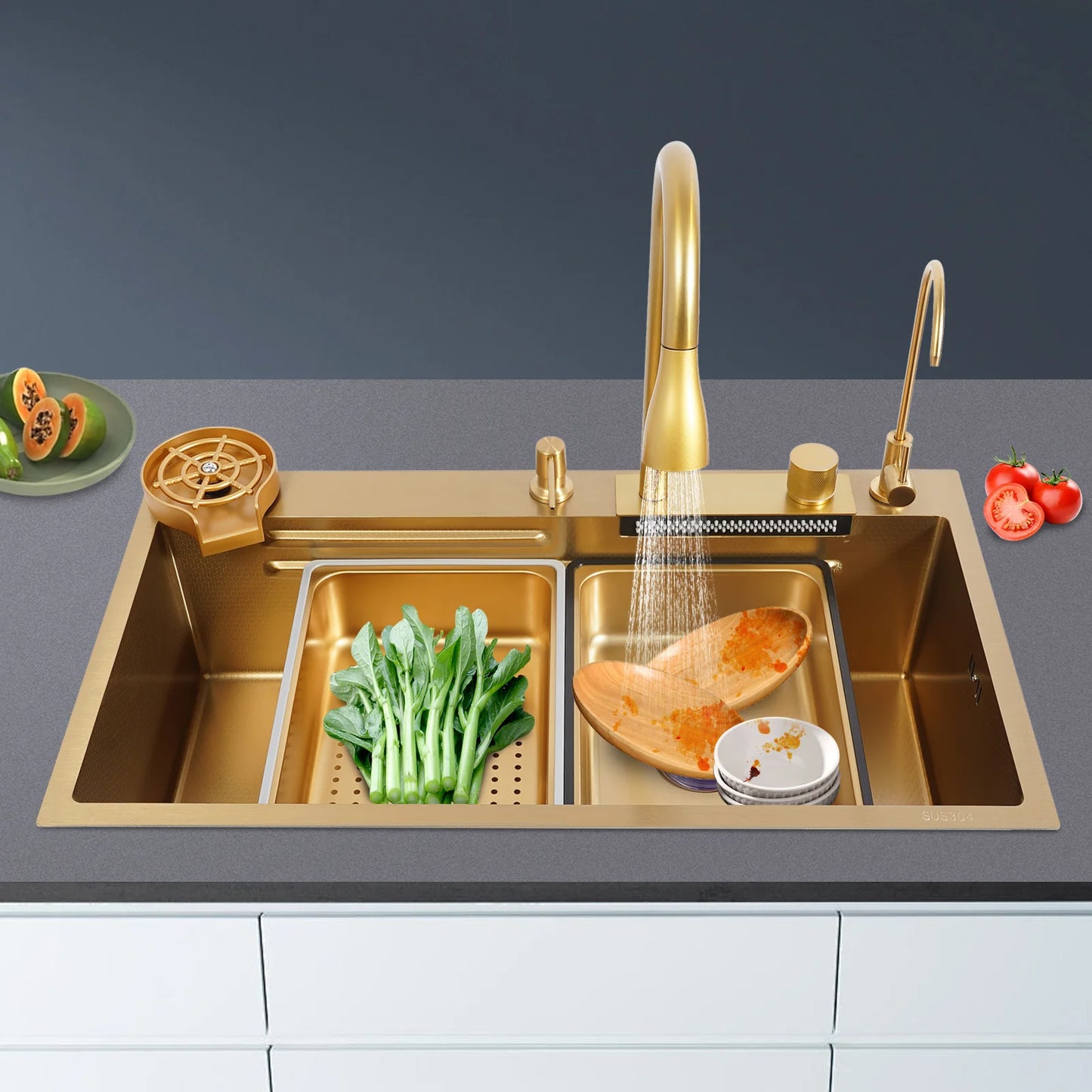 Bymaocar Drop In Waterfall Kitchen Sink Stainless Steel Glass Rinser