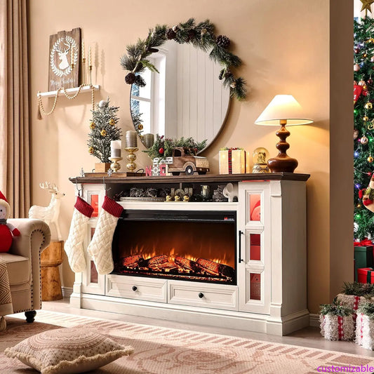 XMSJ Fireplace TV Stand with Glass Doors and Drawers