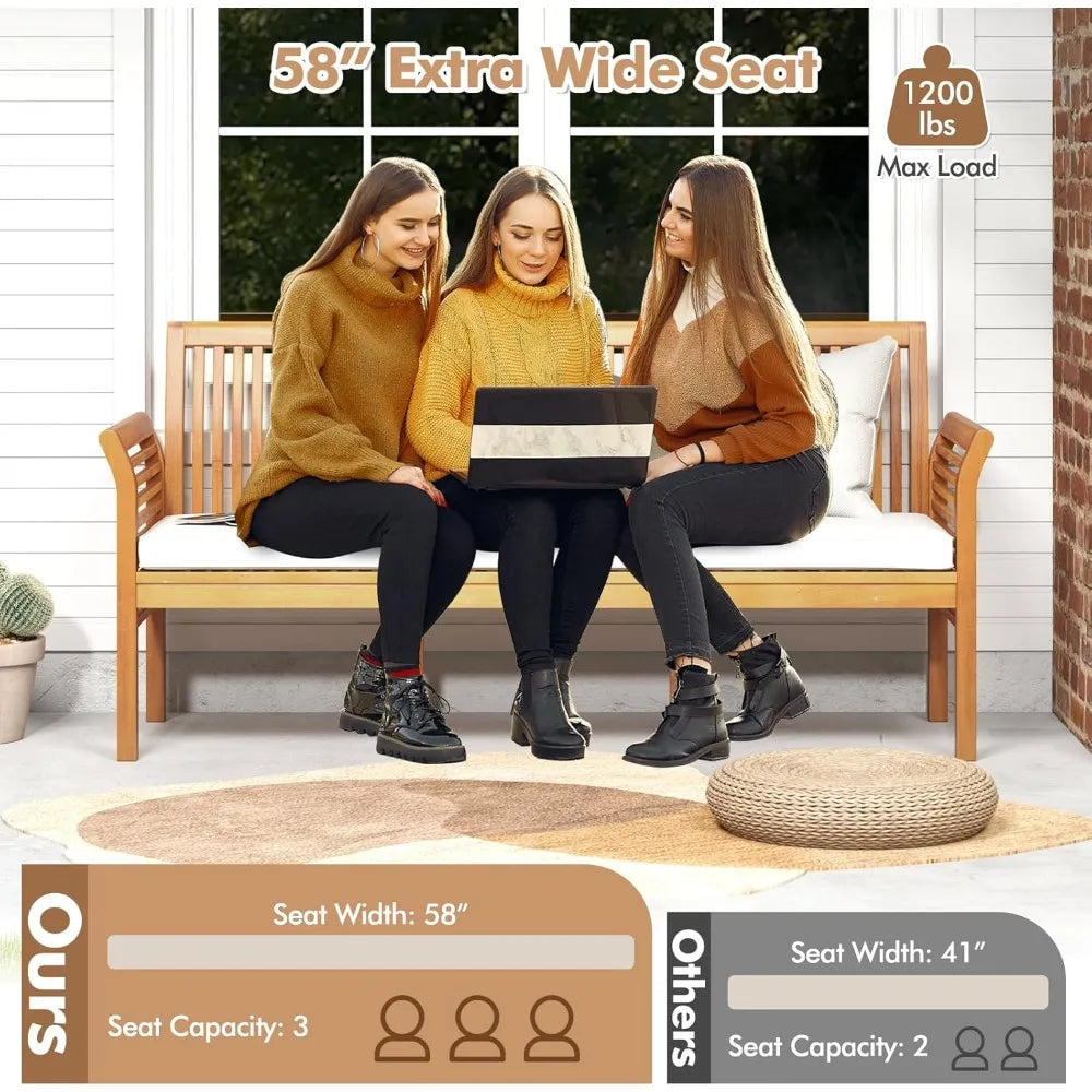 Acacia Wood Patio Bench 3 Seat With Cushion