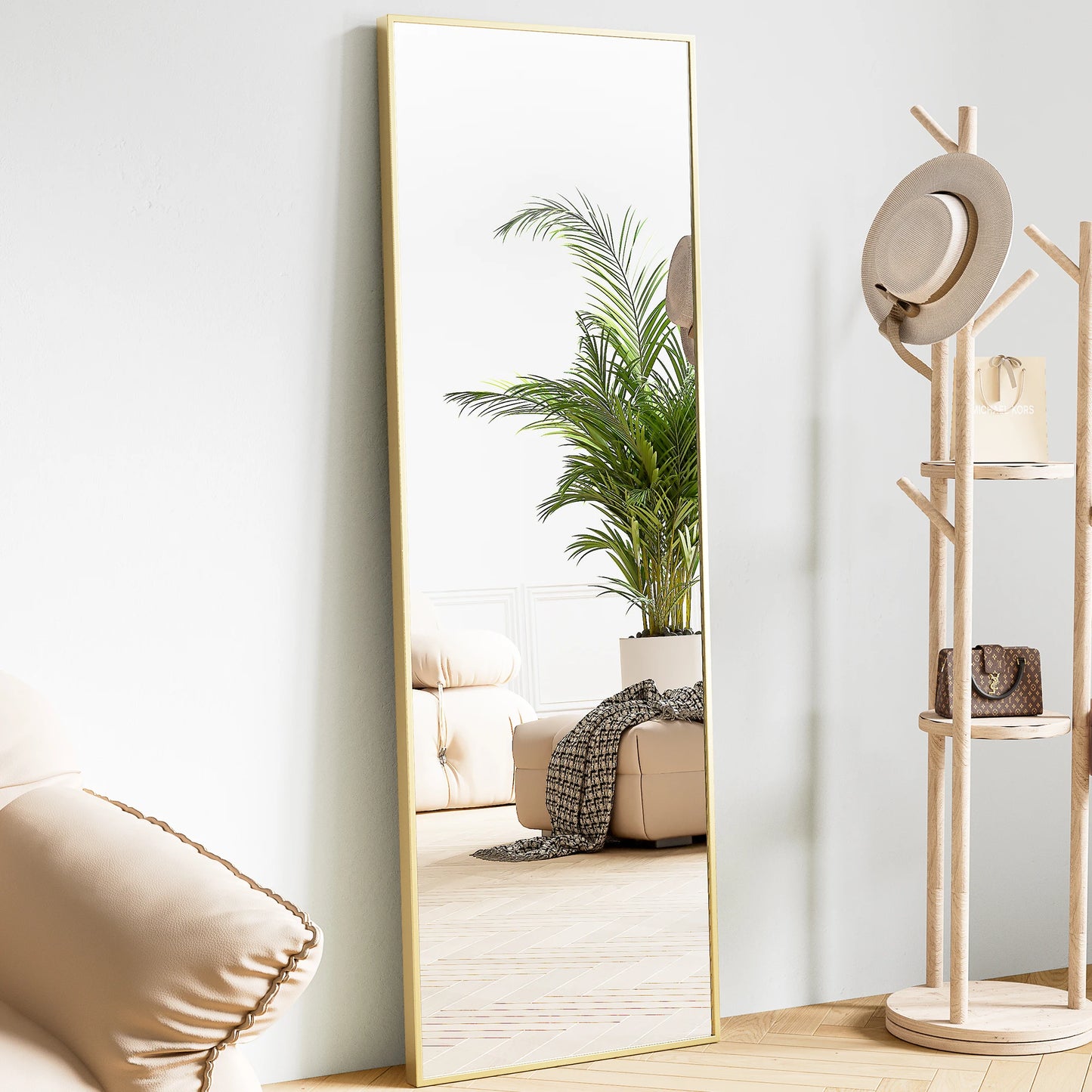 JHK Full Body Wall Mirror With Stand And Aluminum Frame Living Room