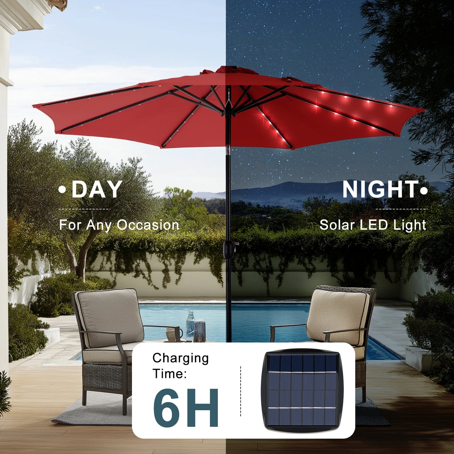 JHK Solar Patio Umbrella With 32 LED Lights Tilt And Crank