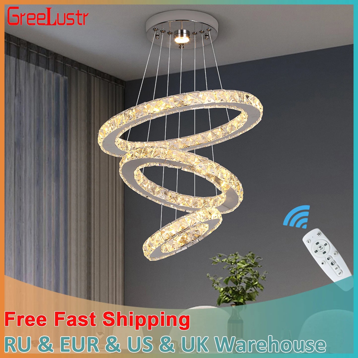 GreeLustr Modern LED Crystal Ring Pendant Chandelier For Living Room