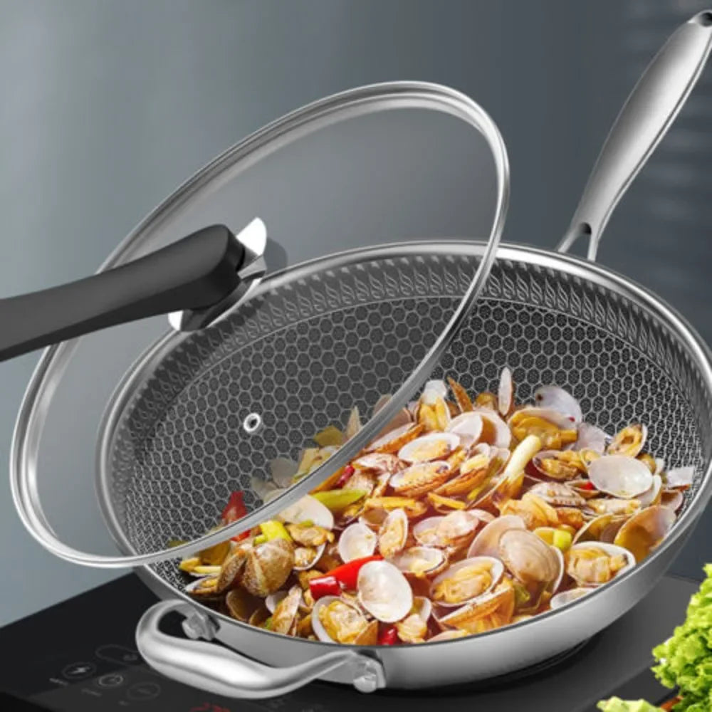 Stainless Steel Wok Pan With Glass Lid Non-Stick Coating