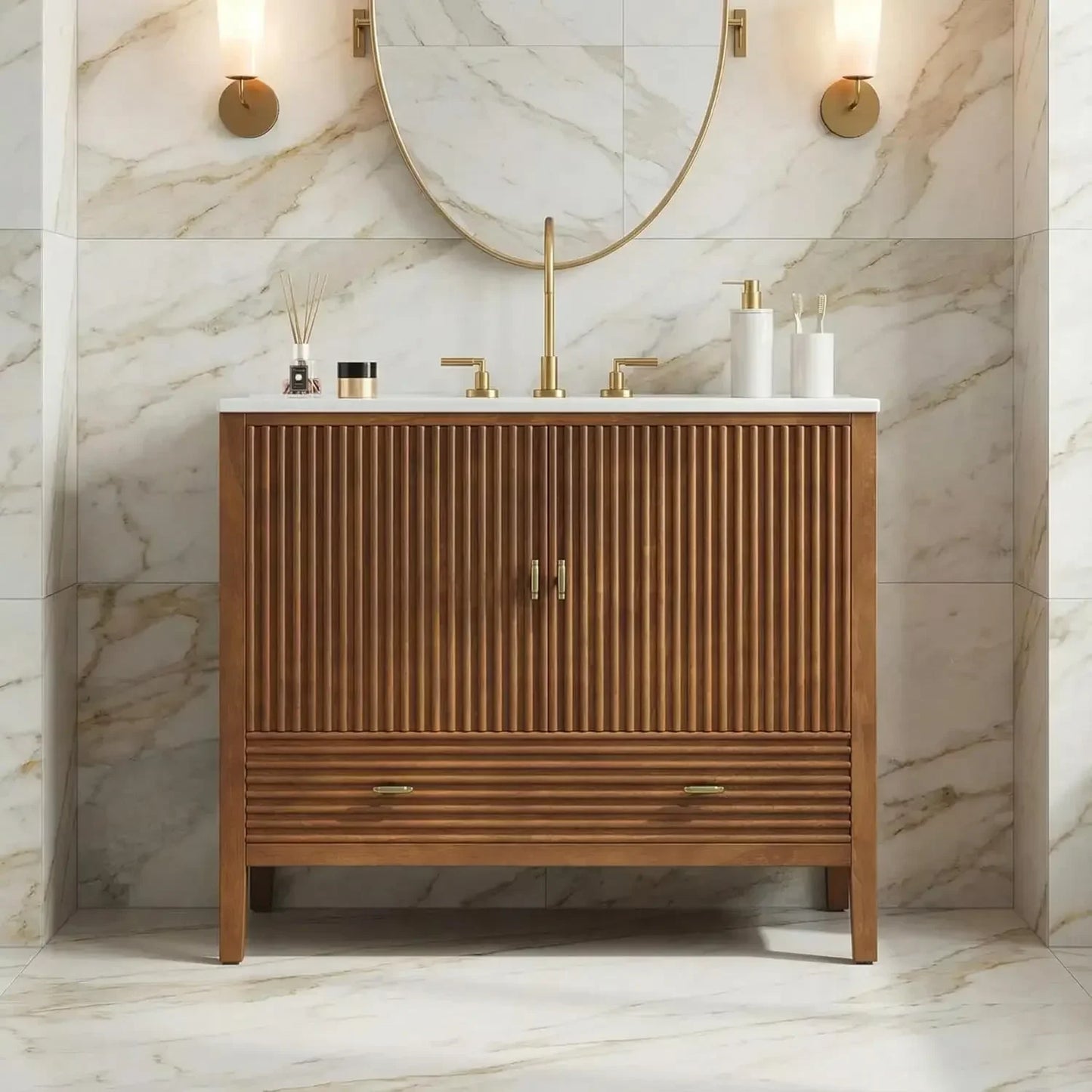 Mid-Century Walnut Bathroom Vanity With Ceramic Sink And Soft-Close