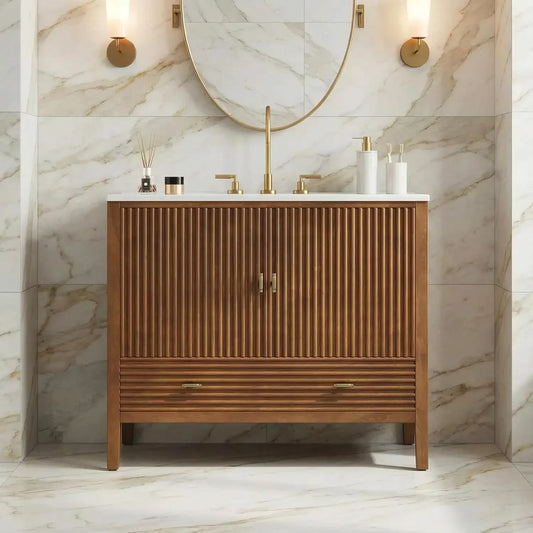 Mid-Century Walnut Bathroom Vanity With Ceramic Sink And Soft-Close