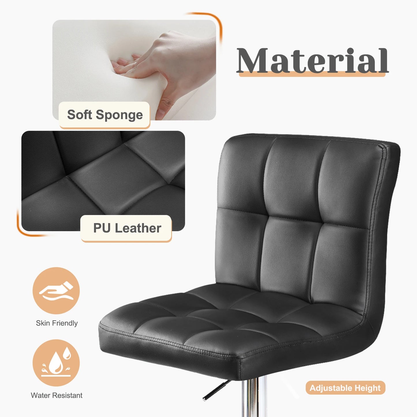 JHK PU Leather Bar Stools Set of 2, Cushioned Back