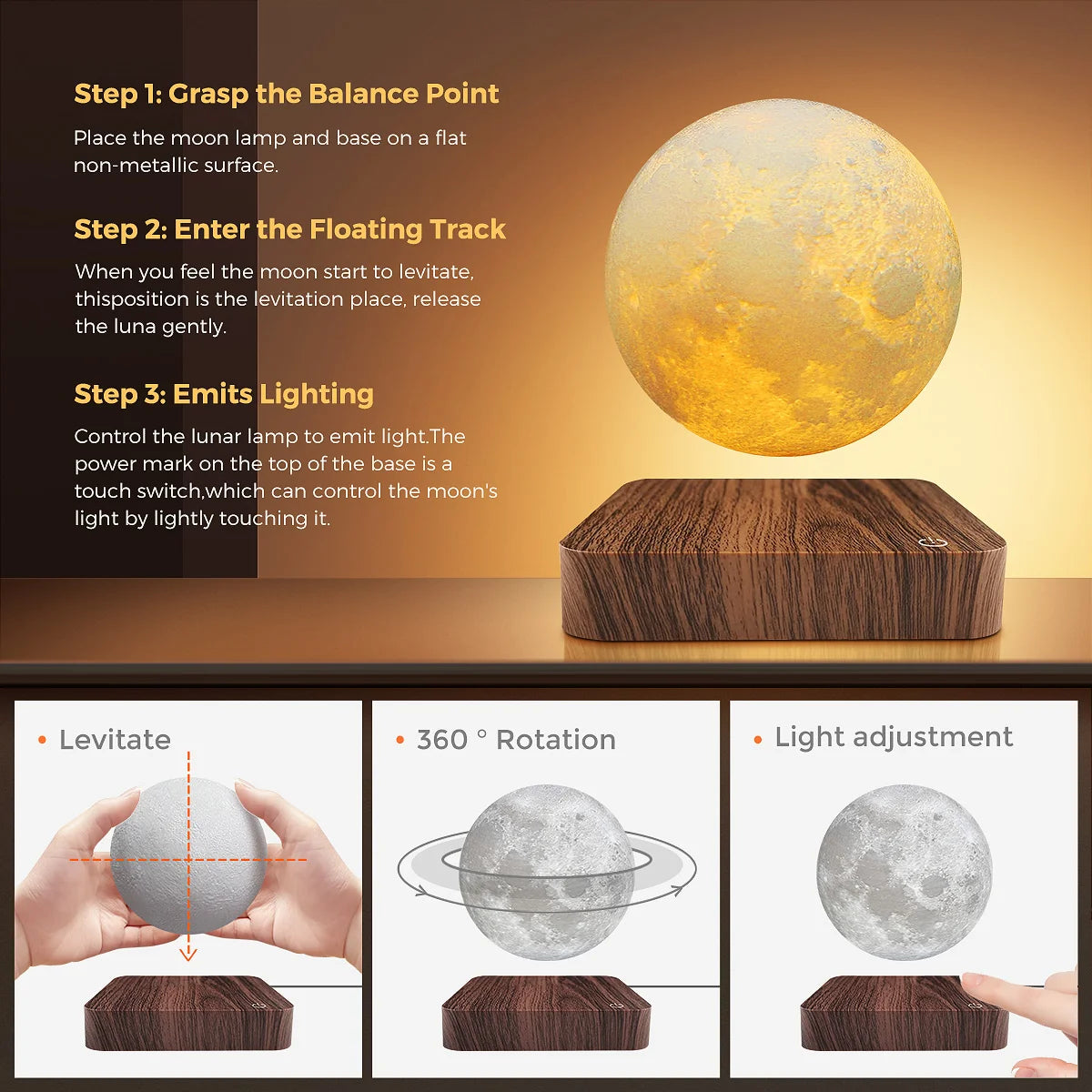 Mexllex Magnetic Moon Lamp With Wooden Base Three Temperature LED