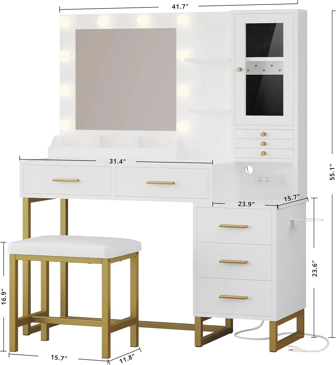IRONCK Vanity Desk With Mirror and Lights and Shelves