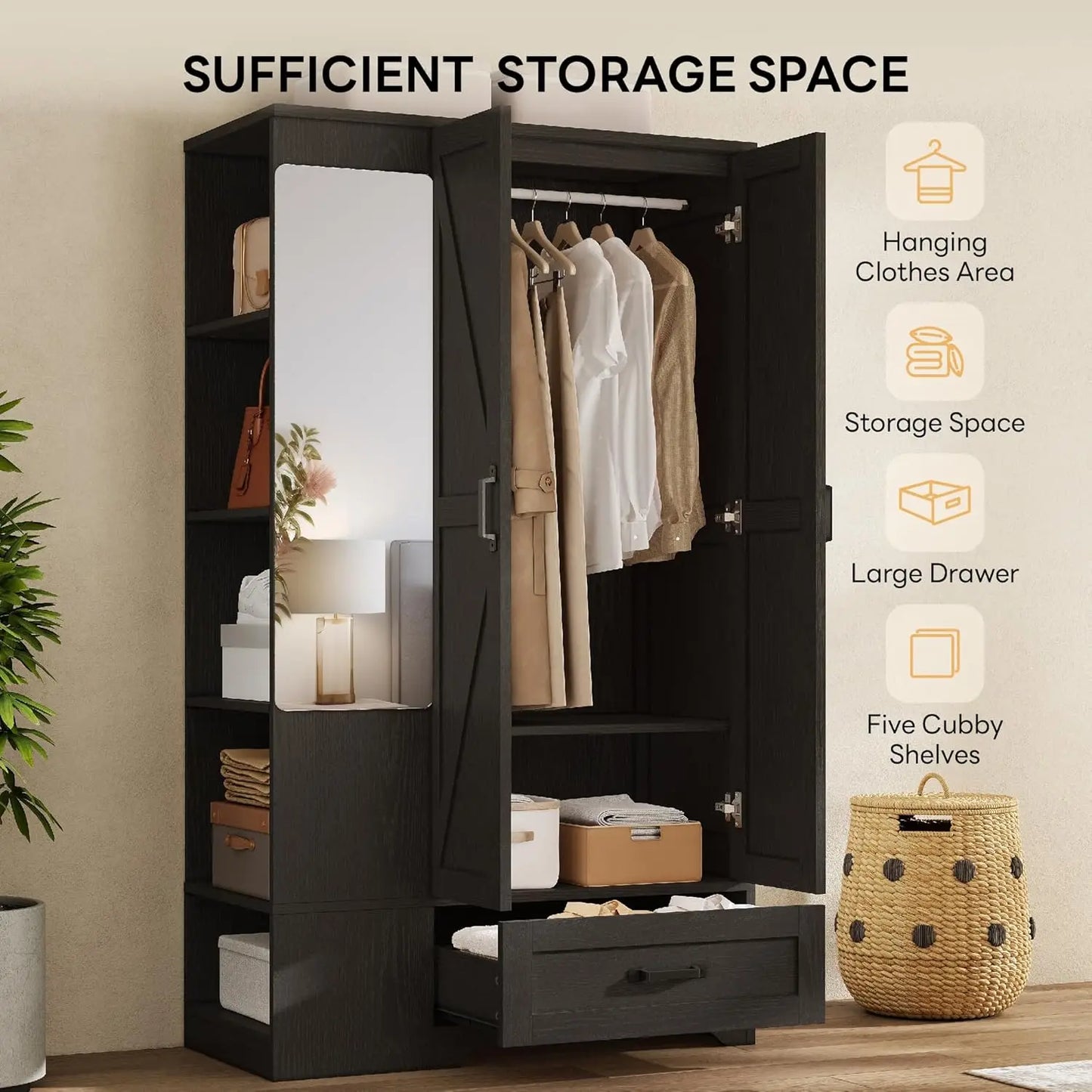 Modern Freestanding Wooden Armoire Wardrobe With Mirror